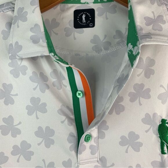 U Suck At Golf Men’s White Fighting Irish Clover Short Sleeve Polo Size Large - Picture 6 of 10